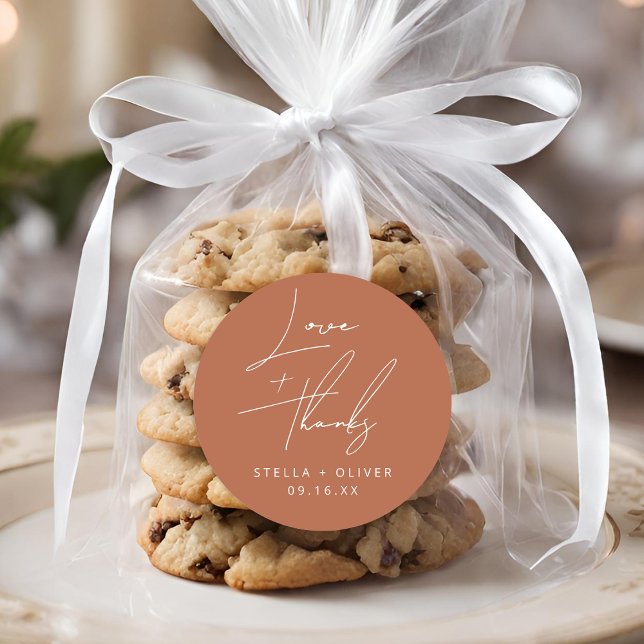 Pegatina Redonda Elegante Boda de Amor + Gracias Terracota Rústica (Elegant Rustic Terracotta Love + Thanks Wedding Classic Round Sticker)