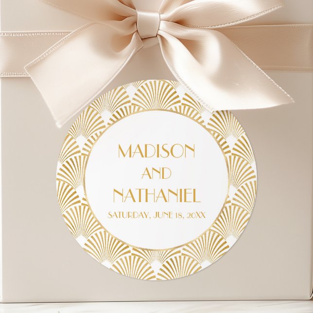 Pegatina Redonda Elegante Boda de Art Deco Blanco y Blanco (Subido por el creador)