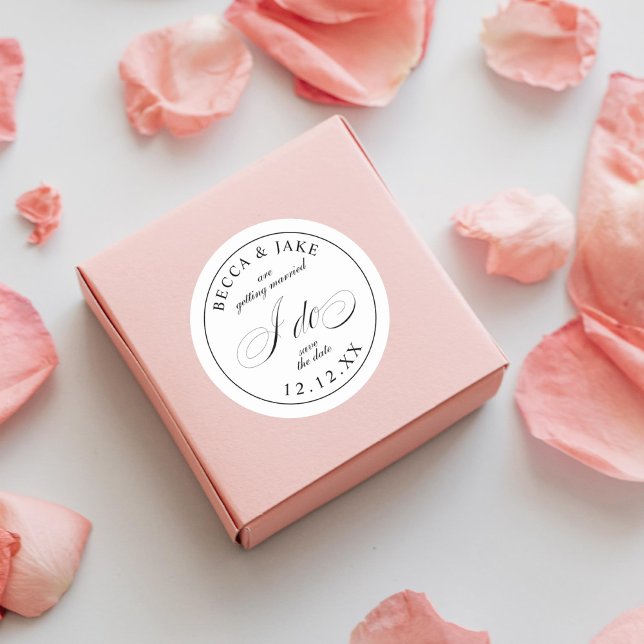 Pegatina Redonda Elegante Boda de caligrafía blanca y negra (Subido por el creador)