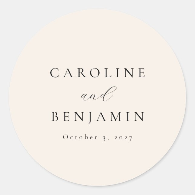 Pegatina Redonda Elegante Boda de caligrafía de marfil Minimalista (Anverso)