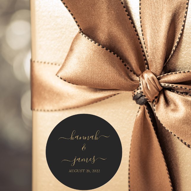 Pegatina Redonda Elegante Boda de caligrafía de oro negro (Subido por el creador)