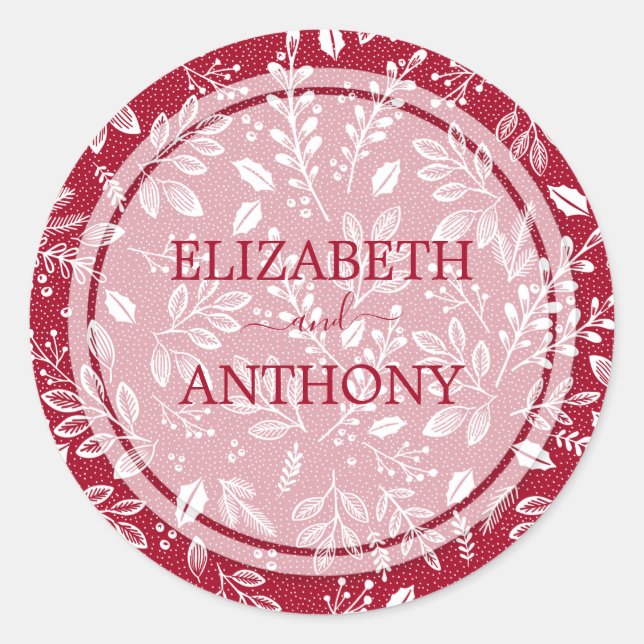 Pegatina Redonda Elegante Boda de Cranberry Botanicals (Anverso)