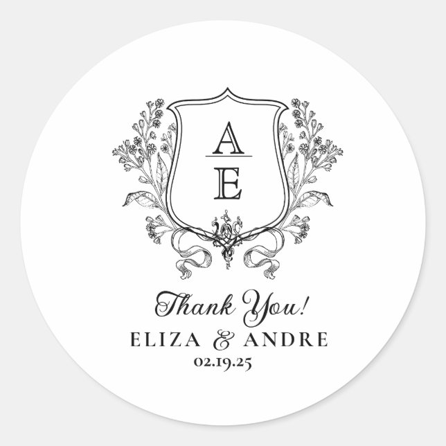 Pegatina Redonda Elegante Boda de Escudo de hoja de monograma blanc (Anverso)