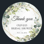 Pegatina Redonda Elegante boda de eucalipto verde color agua boho<br><div class="desc">Elegante color boho agua verde eucalipto oro gracias pegatina redondo clásico. Contáctame para obtener elementos coincidentes o para personalización,  Rosas de Rubor ©</div>