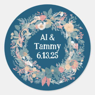 Pegatina Redonda Elegante Boda de Flor Silvestre Azul Floral Wreath