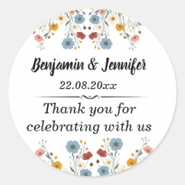 Pegatina Redonda Elegante Boda de Flor Silvestre Rústica Cuta