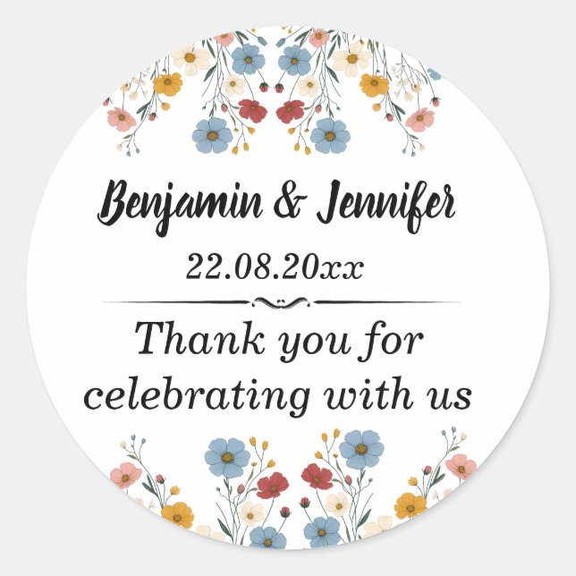Pegatina Redonda Elegante Boda de Flor Silvestre Rústica Cuta (Anverso)