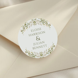 Pegatina Redonda Elegante Boda de Flor Silvestre Verde