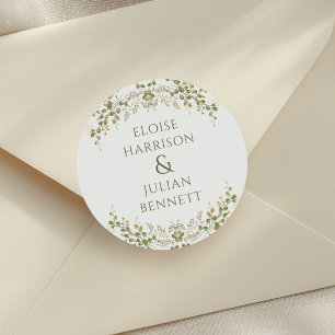 Pegatina Redonda Elegante Boda de Flor Silvestre Verde