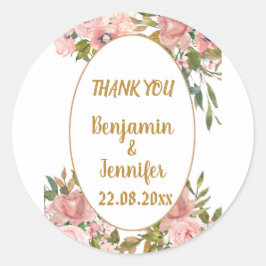 Pegatina Redonda Elegante Boda de Floral Rosa