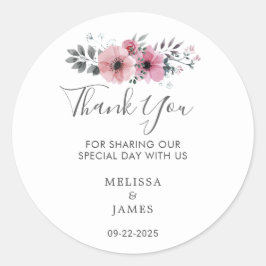 Pegatina Redonda Elegante Boda de flores acuarelas Gracias Clas
