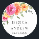 Pegatina Redonda Elegante Boda de Flores Brillantes de Acuarela<br><div class="desc">Para una mayor personalización, haga clic en "Personalizar esta plantilla" y, a continuación, en "Editar usando la herramienta de diseño". Estiloso editable fácil de usar plantillas de boda, más artículos disponibles en la tienda (invitaciones, rsvp, tarjetas de agradecimiento, papel y decoración). Si necesita ayuda o elementos coincidentes, por favor contáctame....</div>