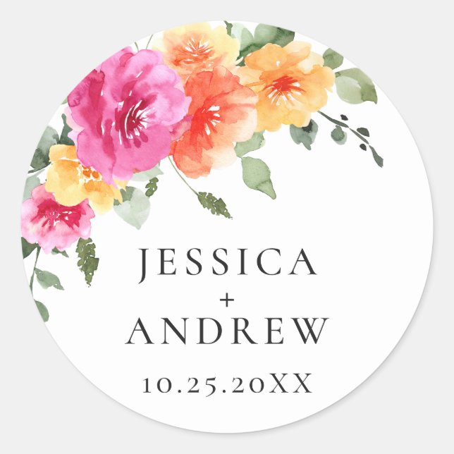 Pegatina Redonda Elegante Boda de Flores Brillantes de Acuarela (Anverso)