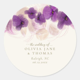 Pegatina Redonda Elegante Boda de flores de oro de orquídeas púrpur