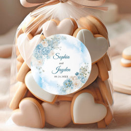 Pegatina Redonda Elegante Boda de flores de Rosa de marfil azul hie