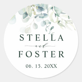 Pegatina Redonda Elegante Boda de follaje verde