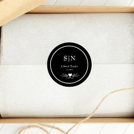 Pegatina Redonda Elegante Boda de gato negro inicial