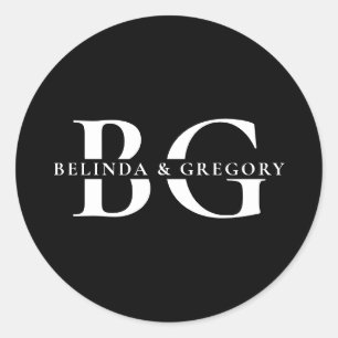 Pegatina Redonda Elegante Boda de Iniciales de Monograma Blanco y N