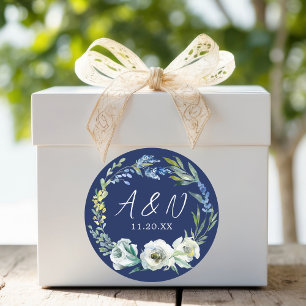 Pegatina Redonda Elegante Boda de Invierno de la Marina Azul Floral