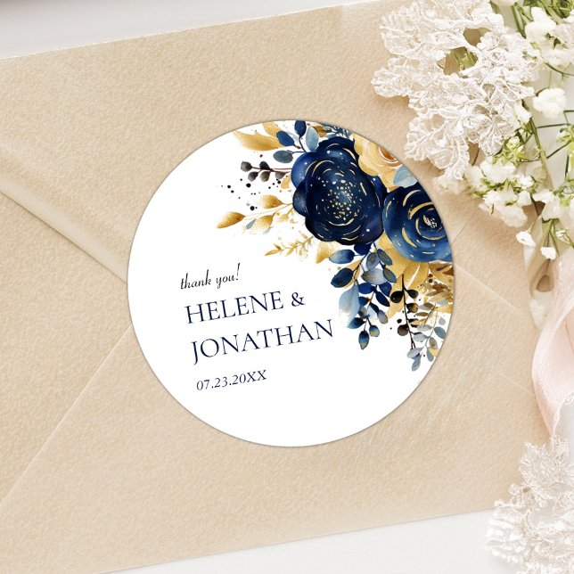 Pegatina Redonda Elegante Boda de la Marina Floral Blue Gold Terrac (Elegant Floral Navy Blue Gold Terracotta Wedding Classic Round Sticker)