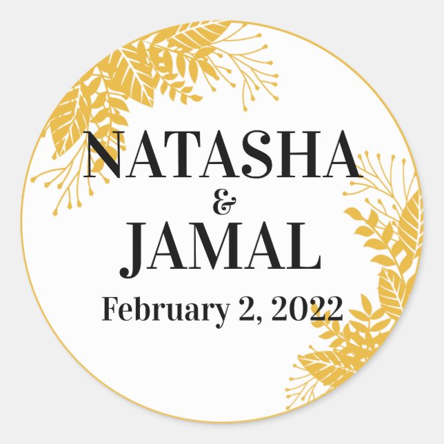 Pegatina Redonda Elegante Boda de las hojas amarillas de mostaza (Anverso)