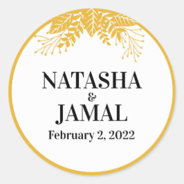 Pegatina Redonda Elegante Boda de las hojas amarillas de mostaza