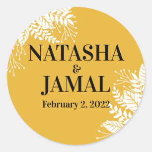 Pegatina Redonda Elegante Boda de las hojas amarillas de mostaza