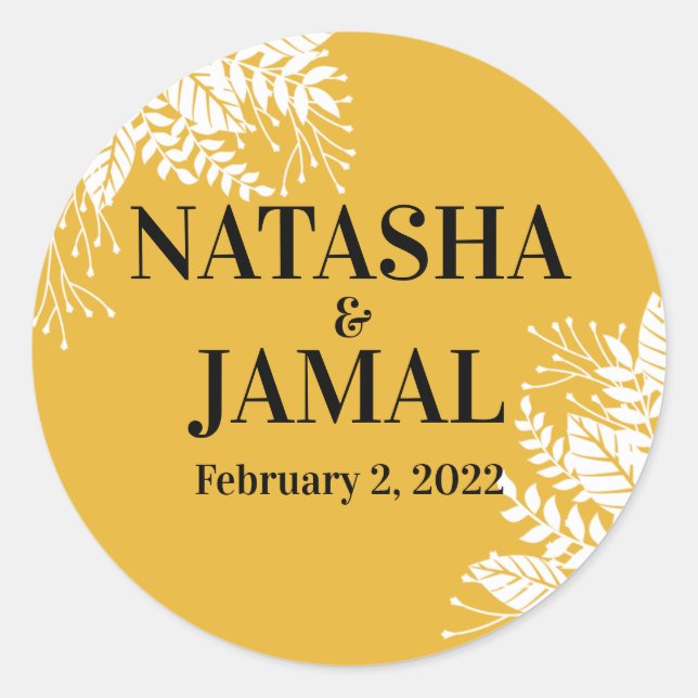 Pegatina Redonda Elegante Boda de las hojas amarillas de mostaza (Anverso)