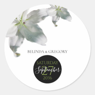 Pegatina Redonda Elegante Boda de Lilies Blancos