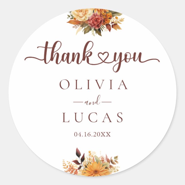 Pegatina Redonda Elegante Boda de marco de flor Naranja (Anverso)