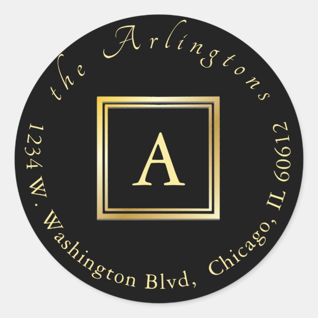 Pegatina Redonda Elegante Boda de Moda Gold Monograma Dirección de  (Anverso)