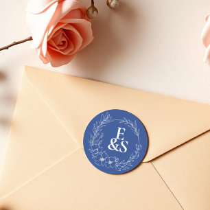 Pegatina Redonda Elegante Boda de Monograma Azul Romance Vintage