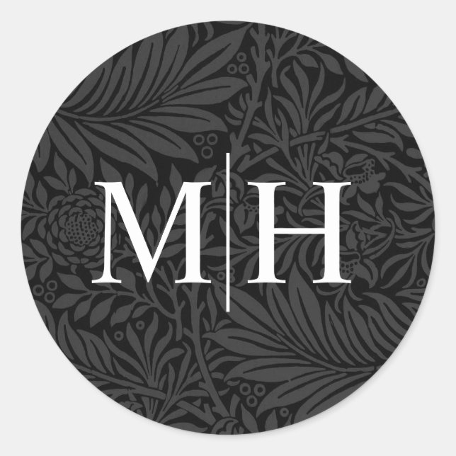 Pegatina Redonda Elegante Boda de Monograma Blanco Floral Negro (Anverso)