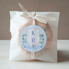 Pegatina Redonda Elegante Boda De Monograma Costero Azul Y Blanco