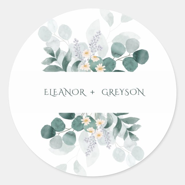 Pegatina Redonda Elegante boda de monograma floral (Anverso)