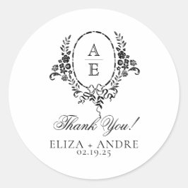 Pegatina Redonda Elegante Boda de Monograma Floral Blanco y Negro