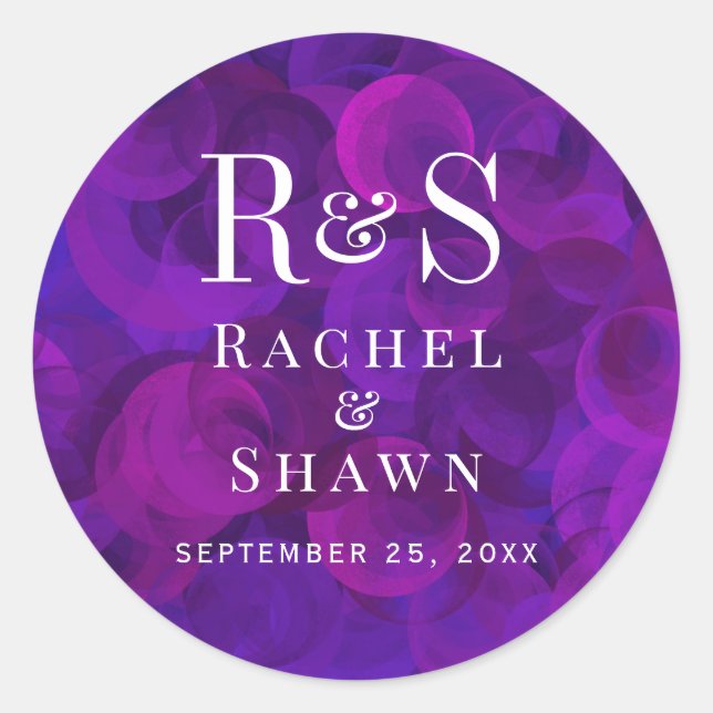 Pegatina Redonda Elegante Boda de Monograma Moderno de Moda Púrpura (Anverso)