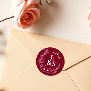 Pegatina Redonda Elegante Boda de Monograma Romance Romance Borgoña