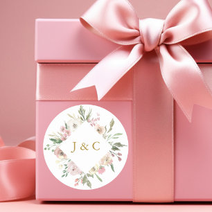 Pegatina Redonda Elegante Boda de Monograma Rubor de Floral Oro Ros