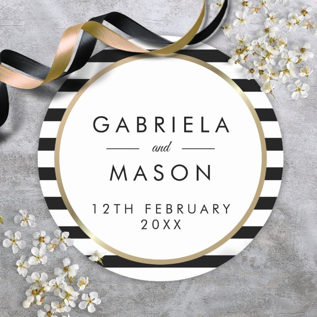 Pegatina Redonda Elegante Boda de oro de franja blanca y negra (Elegant Black and White Stripe Gold Wedding Classic Round Sticker)
