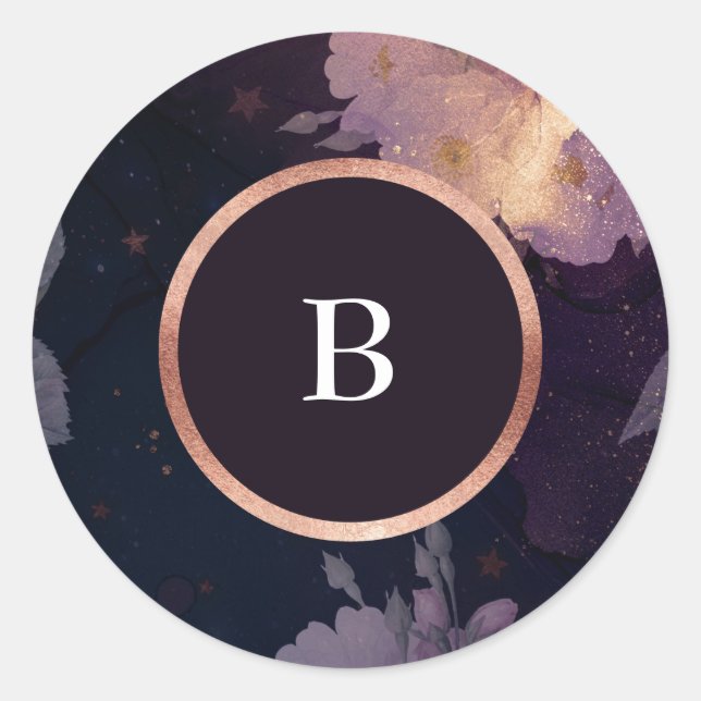 Pegatina Redonda Elegante Boda de oro Rosa morado de Boho negro flo (Anverso)