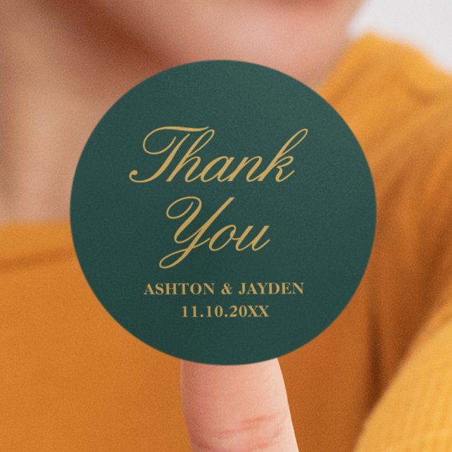 Pegatina Redonda Elegante Boda de oro verde esmeralda gracias (Elegant Emerald Green Gold Wedding Thank You Classic Round Sticker
)