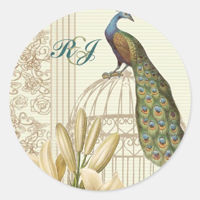 Pegatina Redonda elegante boda de pavo real con flores de lirio bla (Anverso)