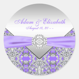 Pegatina Redonda Elegante boda de plata y lavanda púrpura
