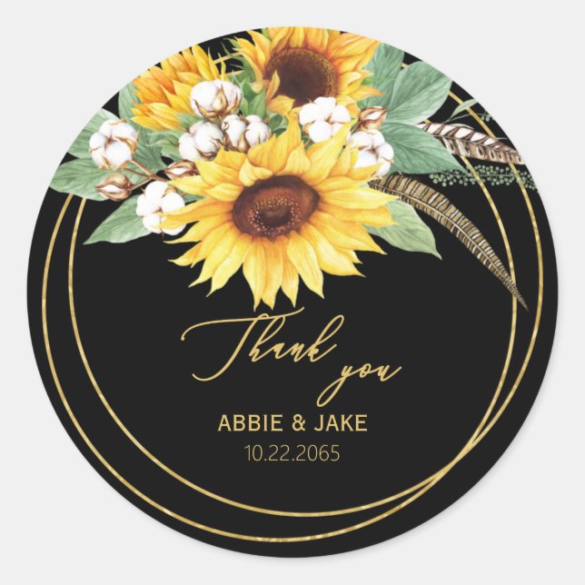 Pegatina Redonda Elegante Boda de plumas de girasol negro (Anverso)