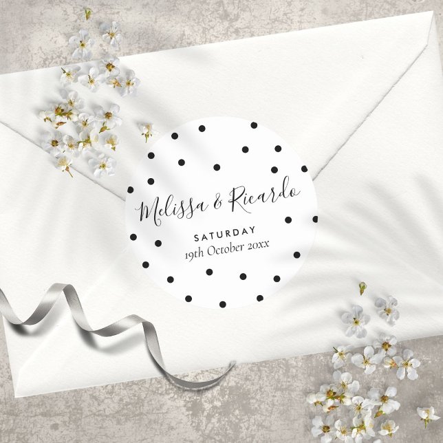 Pegatina Redonda Elegante Boda de puntos de polka blanco y negro (Elegant Black and White Polka Dots Wedding Classic Round Sticker)