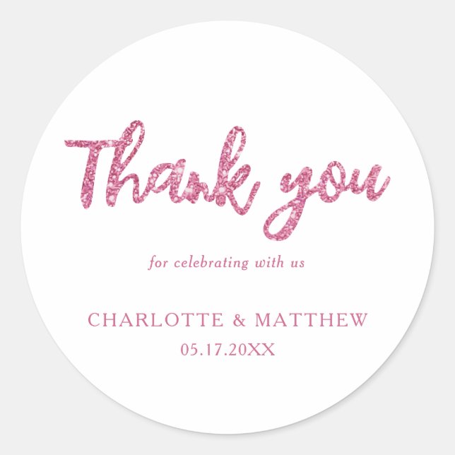 Pegatina Redonda Elegante Boda de Purpurina Magenta brillante (Anverso)