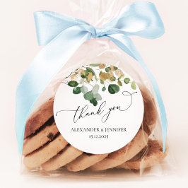 Pegatina Redonda Elegante Boda de Relieve metalizado de oro Eucalyp