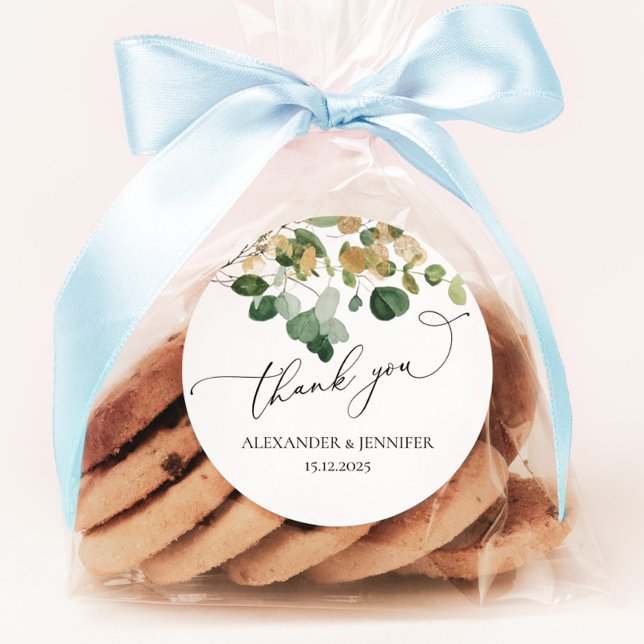 Pegatina Redonda Elegante Boda de Relieve metalizado de oro Eucalyp (Subido por el creador)