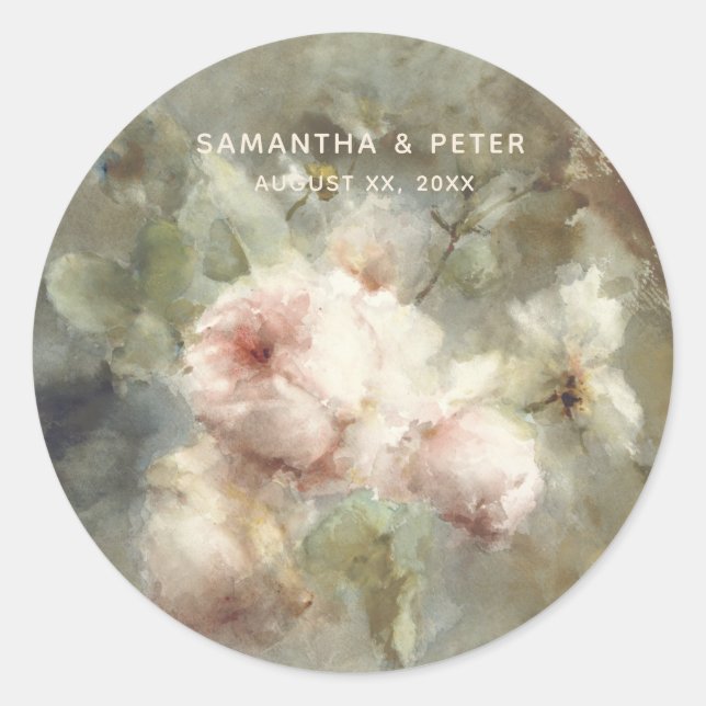 Pegatina Redonda Elegante Boda de Rosas antiguos (Anverso)